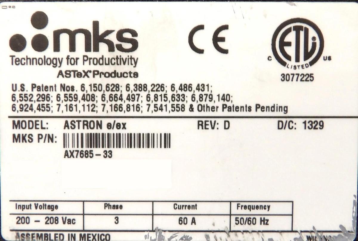 Used ASTRON e/ex MKS Instruments AX7685-33 RPS Plasma Source ASTeX Tested Working