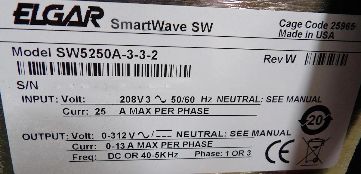 Used Elgar SW5250A-3-3-2 SmartWave Industrial Power Source SW5250A Untested Surplus