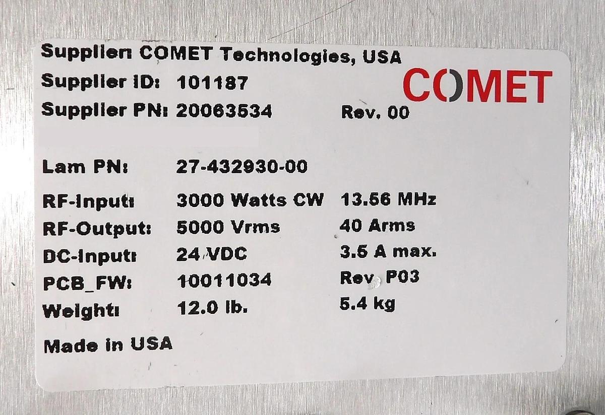 Used Comet Technologies 20063534 RF Match Lam Research 27-432930-00 Working Spare