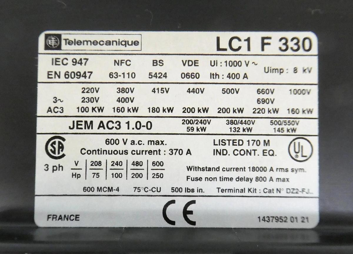Used Telemecanique LC1F330 Contactor LX1 FH 0242 LC1 F 330 Schneider Square D Working