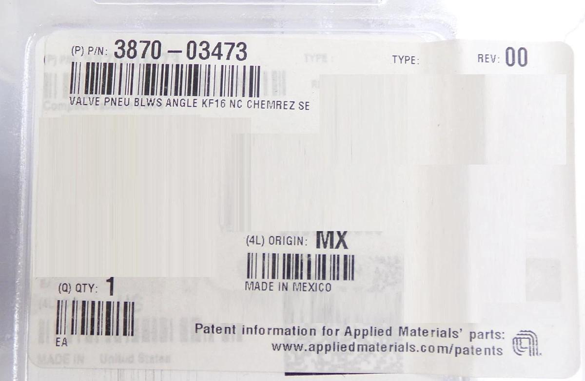 MKS Instruments CV16-K1K1-NCZZ-F12 Compact Vacuum Valve AMAT 3870-03473 New