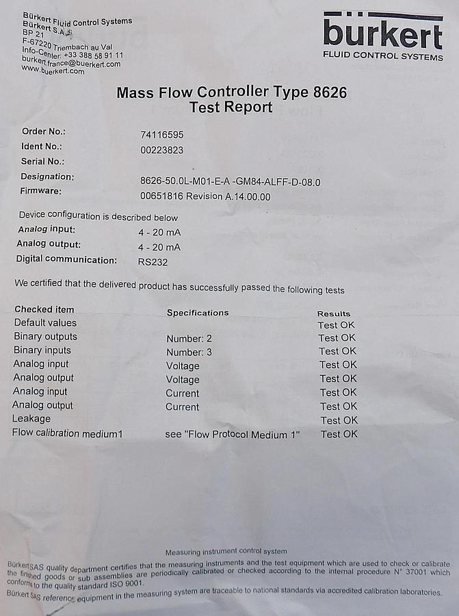 Burkert 8626 MFC Mass Flow Controller 50.0 N1/min Natural Gas New Surplus