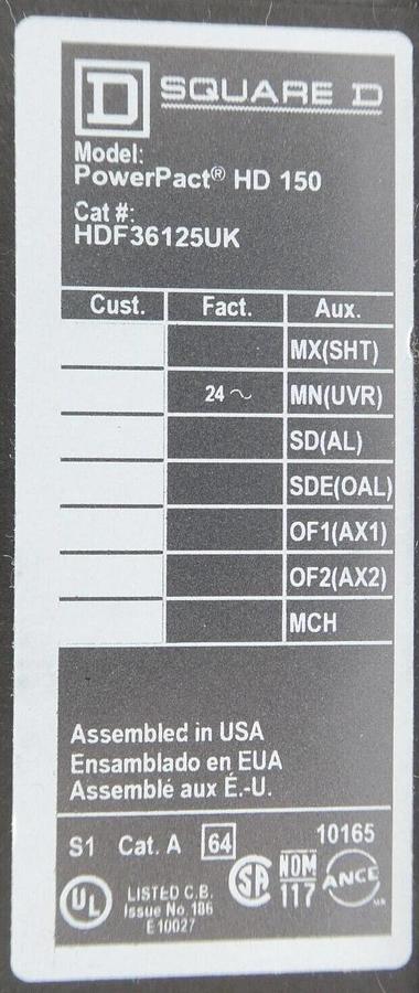 Square D HDF36125UK Circuit Breaker PowerPact HD 150 New Surplus