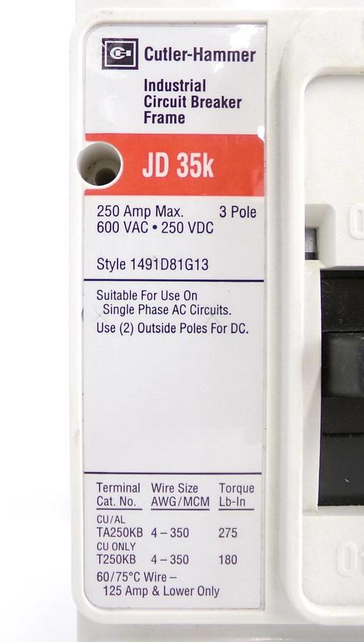 Used Cutler-Hammer 1491D81G13 3-Pole Industrial Circuit Breaker JD 35k Working