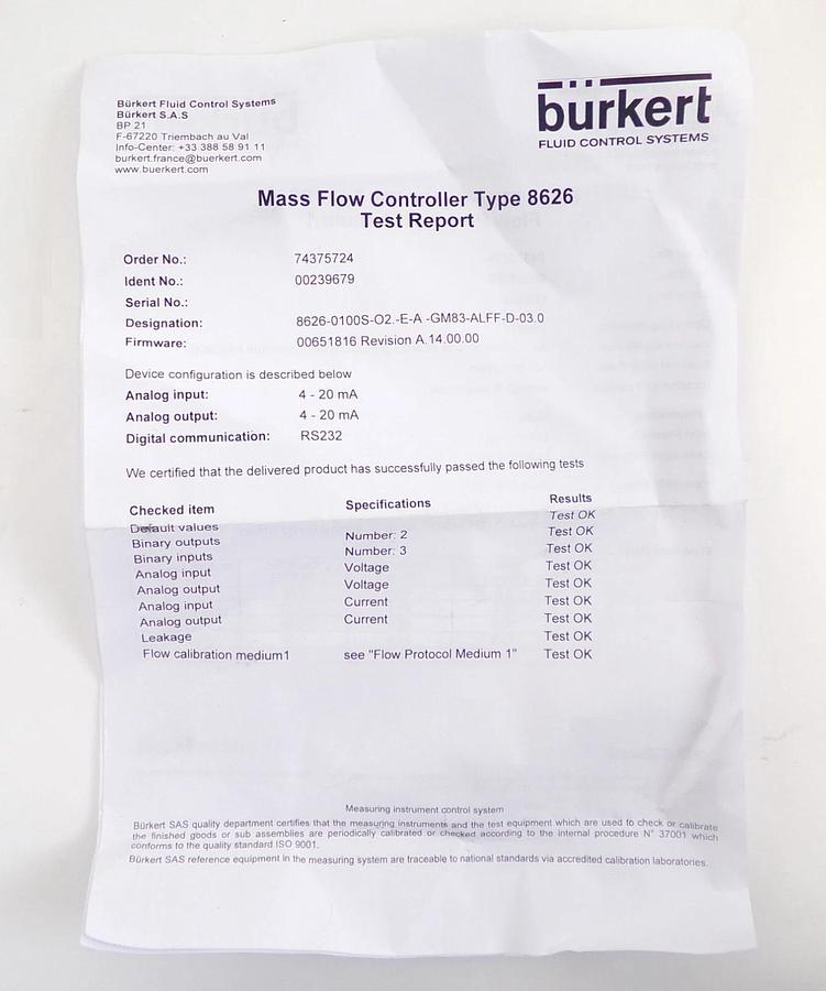 Burkert 8626 MFC Mass Flow Controller 100 SLPM O2 Oxygen New Surplus