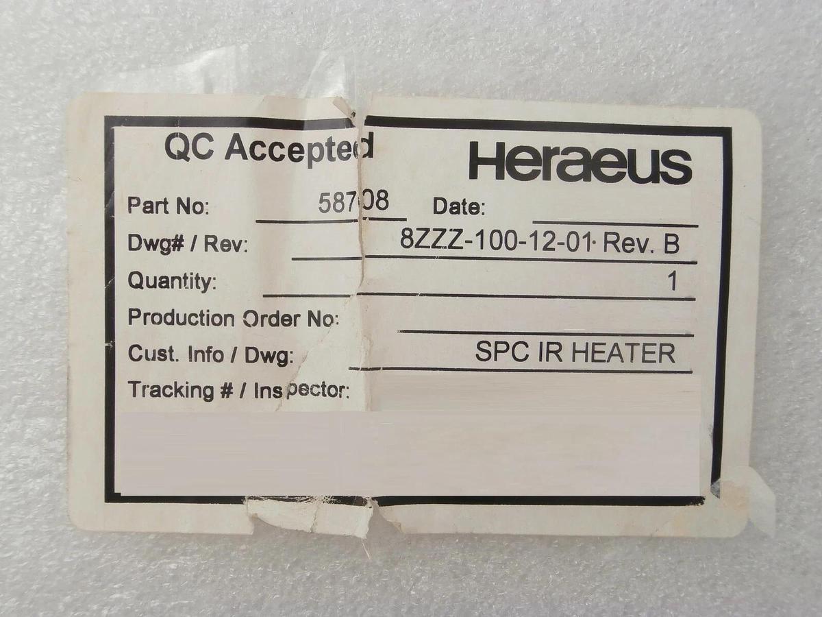 Heraeus 58708 Modified IR Heater Quartz Chamber SCP 8ZZZ-100-12-01 New Surplus