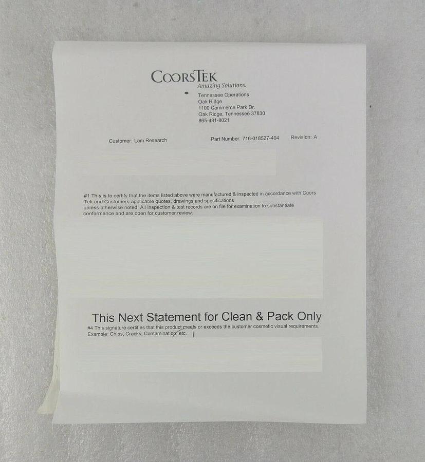 Lam Research 716-018527-404 Plate Wafer Clamp 8" .035 Dome New Surplus