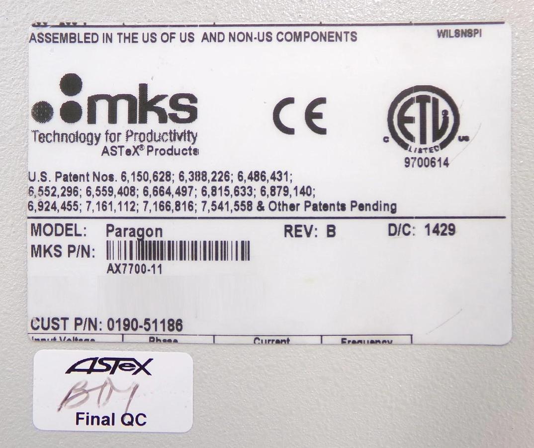 Used Paragon F* MKS Instruments AX7700-11 Plasma Source AMAT 0190-51186 Untested