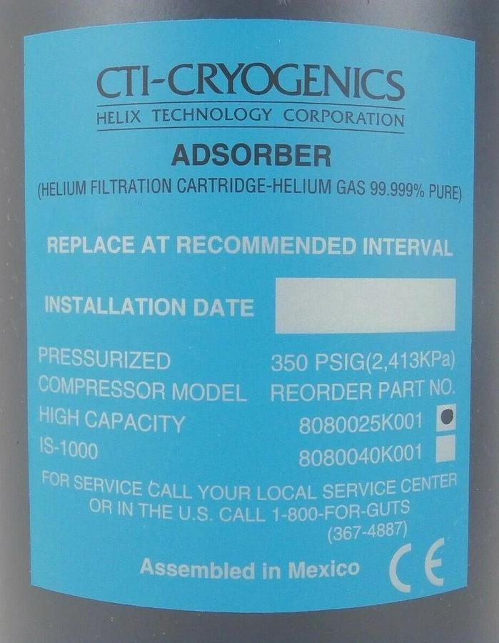 Used CTI-Cryogenics 8080025K001 Adsorber Helium Filtration Cartridge IS-1000 Spare