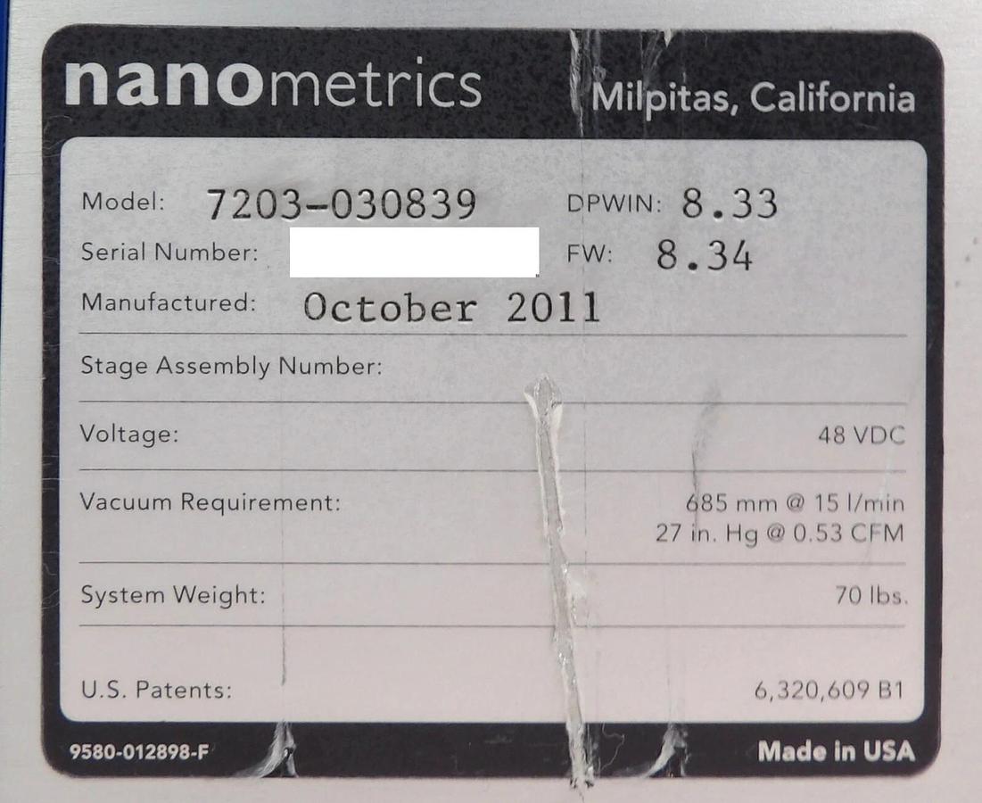 Used Nanometrics 7203-030839 200mm Wafer Analyzer Inspection Stage 8.33 Working