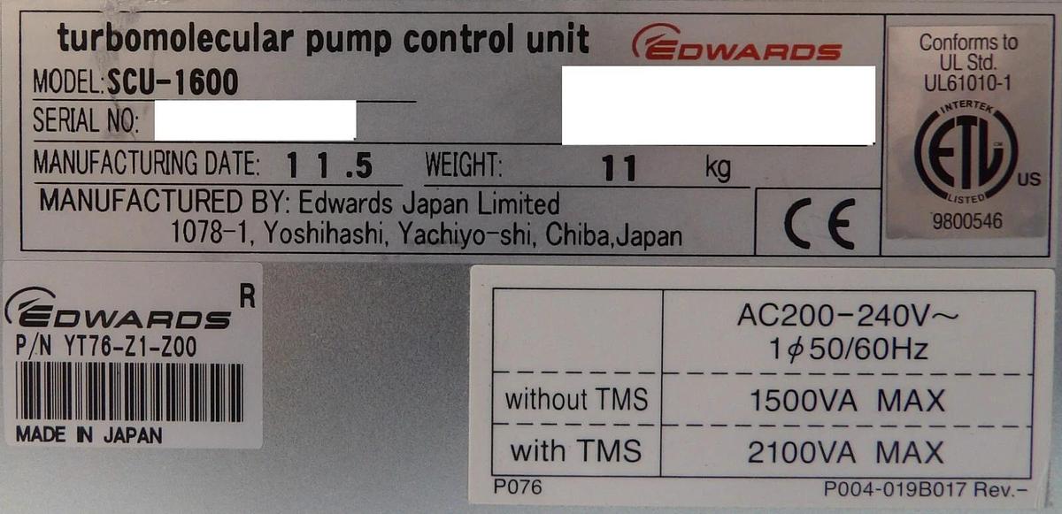 Used SCU-1600 Edwards YT76-Z1-Z00 Turbomolecular Pump Controller Tested Working