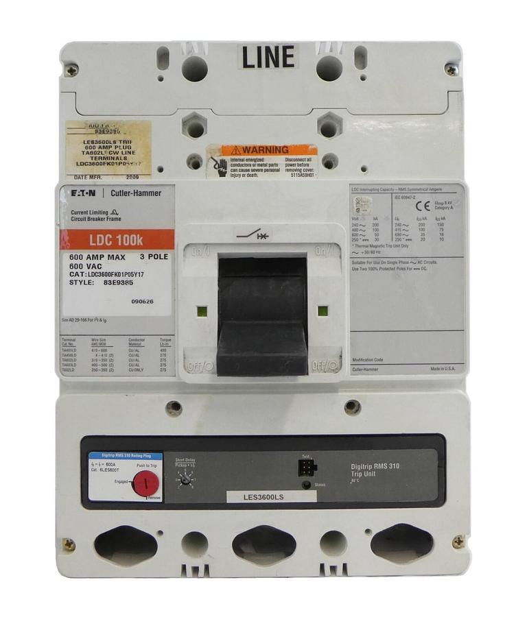 Used Eaton 83E9385 LDC 100k 600V 3-Pole Circuit Breaker LDC3600FK01P05Y17 Working