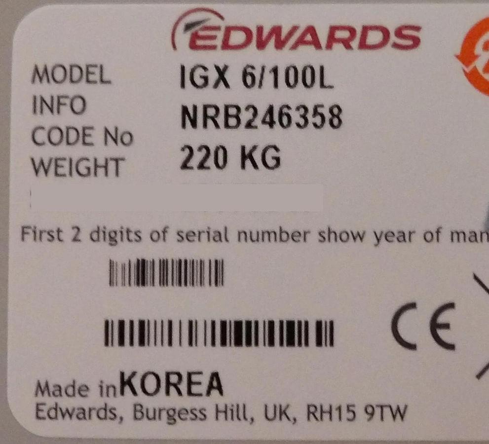 Refurbished iGX6/100L Edwards NRB246358 Vacuum Pump IGX6 100L Manufacturer Refurbished