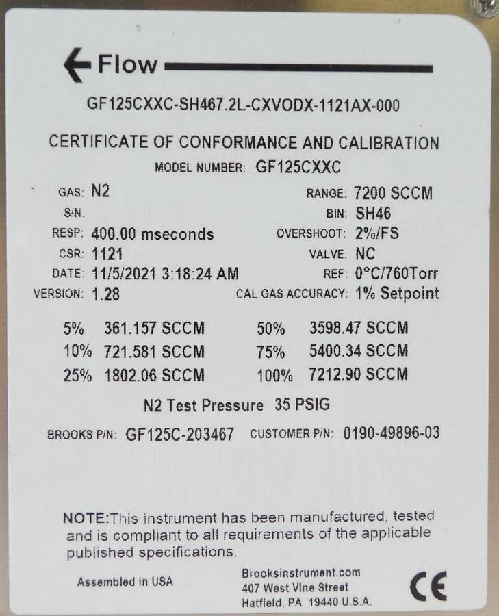 Brooks Instrument GF125C-203467 Mass Flow Controller MFC AMAT 0190-49896 New