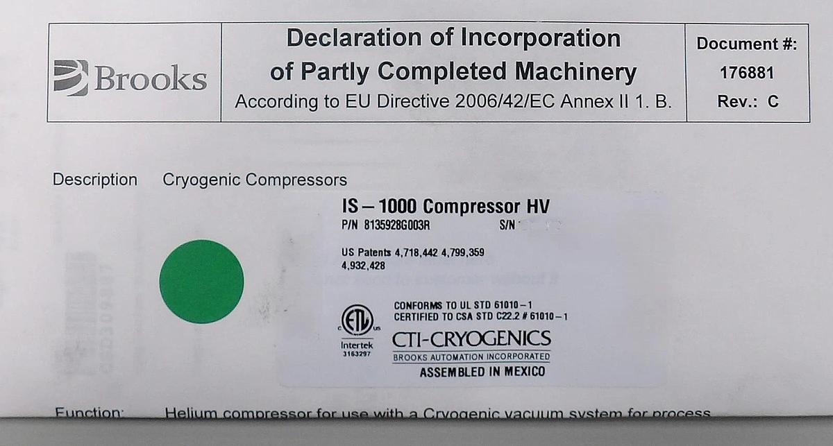 Refurbished CTI-Cryogenics 8135928G003R IS-1000 Compressor HV Manufacturer Refurbished