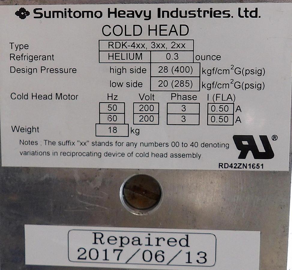 Refurbished SHI Sumitomo Heavy Industries RDK-415D Cold Head Cryocooler Insert Refurbished