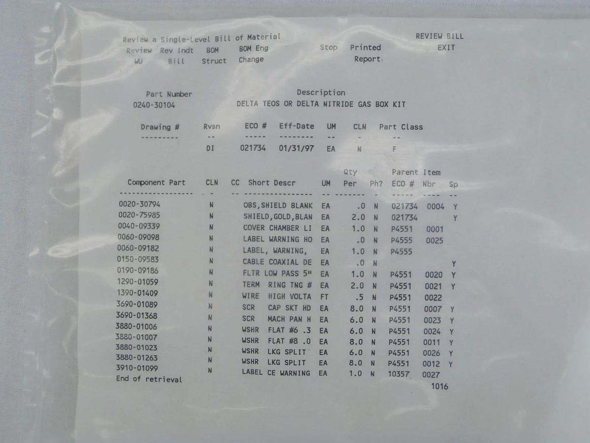 Used AMAT Applied Materials 0240-30104 Delta TEOS or NITRIDE Gas Box Kit New Surplus