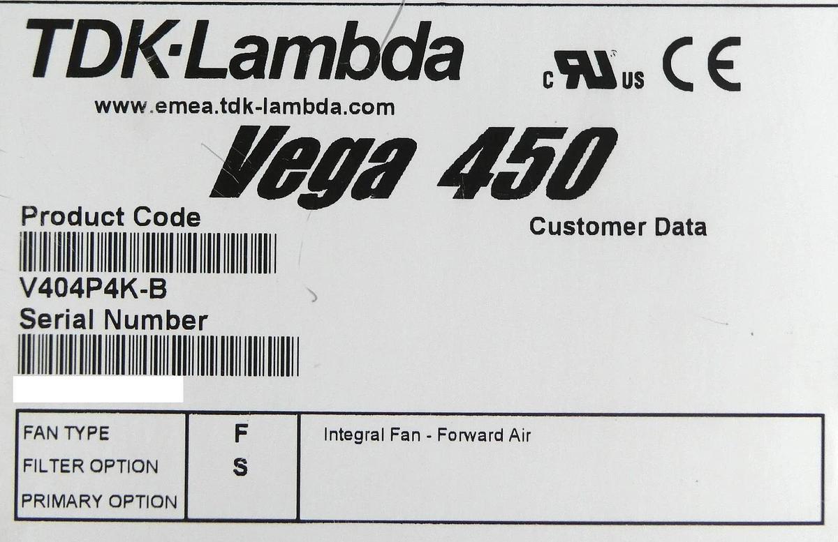Used TDK-Lambda V404P4K-B Modular Power Supply Vega 450 Working Surplus