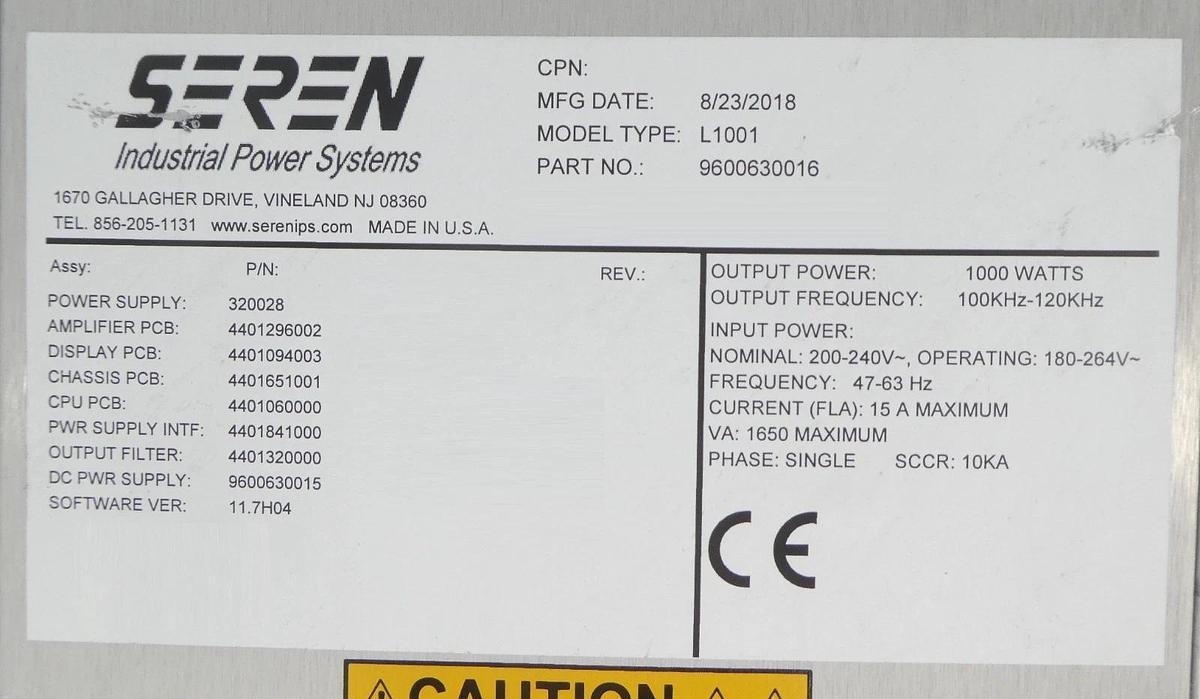 Used Seren Industrial Power Systems 9600630016 RF Power Supply L1001 Working Surplus