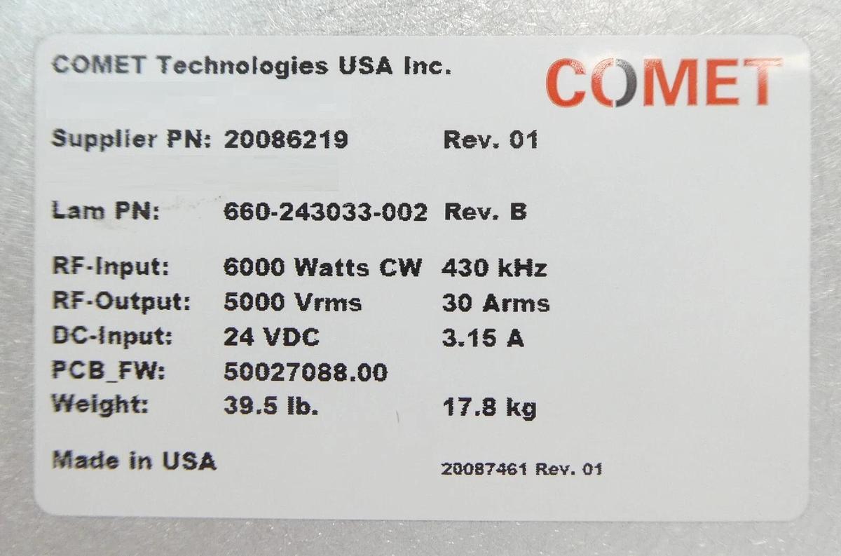 Used Comet Technologies 20086219 RF Match Lam Research 660-243033-002 Working Surplus
