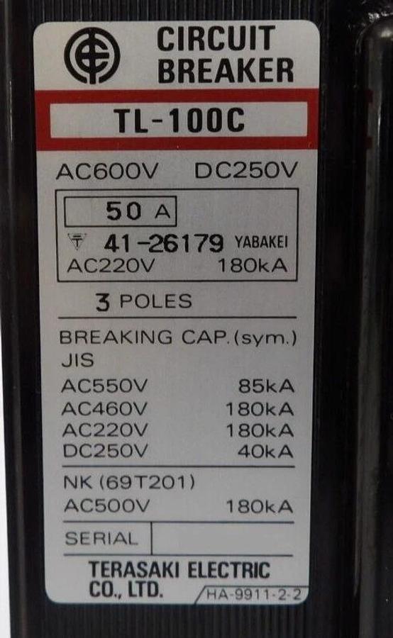 Used Terasaki Electric TL-100C 50A 3-Pole Circuit Breaker Working Surplus