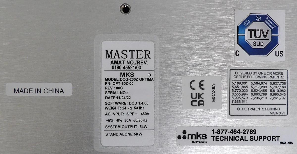 Used DCG-200Z Optima MKS Instruments OPT-50Z-00 DC Plasma Generator MASTER Working