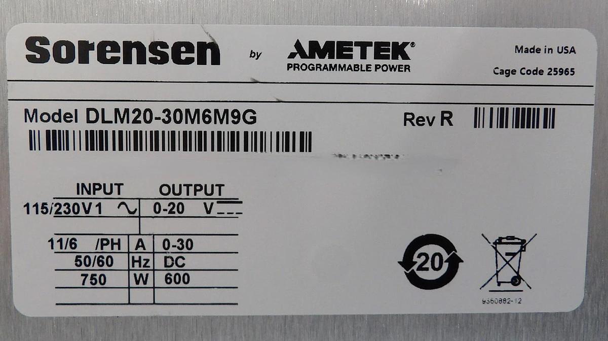 Sorensen Ametek DLM 20-30 DC Power Supply DLM20-30M6M9G Varian E19333690 New