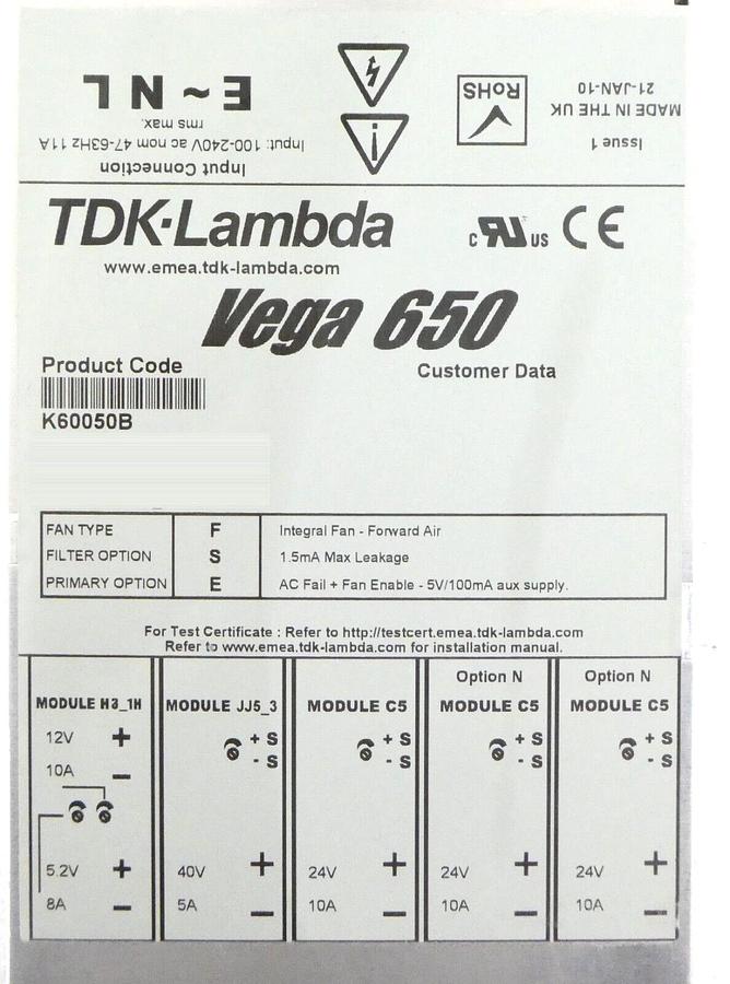 Used TDK-Lambda K60050B Power Supply Vega 650 UltrafleXtreme Spectrometer Working