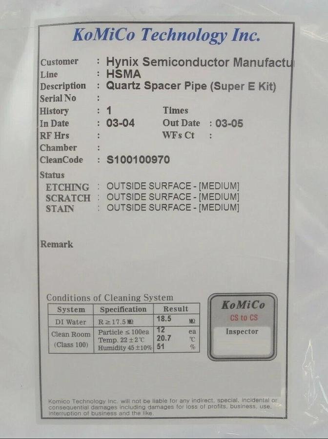 Used KoMiCo Technology Super E Kit Quartz Spacer Pipe Manufacturer Cleaned Working