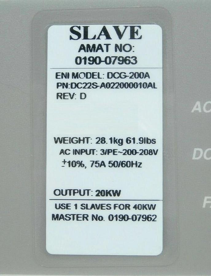 Used DCG-200A ENI DC22S-A022000010AL Generator SLAVE AMAT 0190-07963 Tested Working