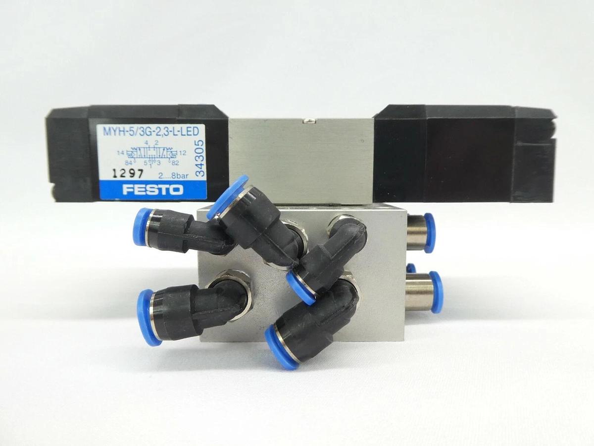Used Festo 34336 7-Port Pneumatic Manifold PRMY-5-1/8-4 34305 MYH-5/3G-2,3-L-LED