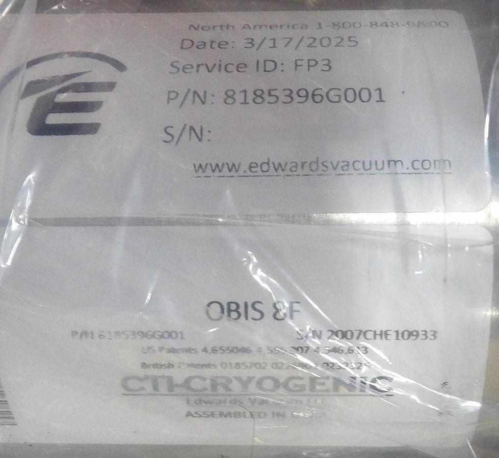 Refurbished CTI-Cryogenics 8185396G001 On-Board IS 8F Cryopump IPN 500688694 OEM Refurbished