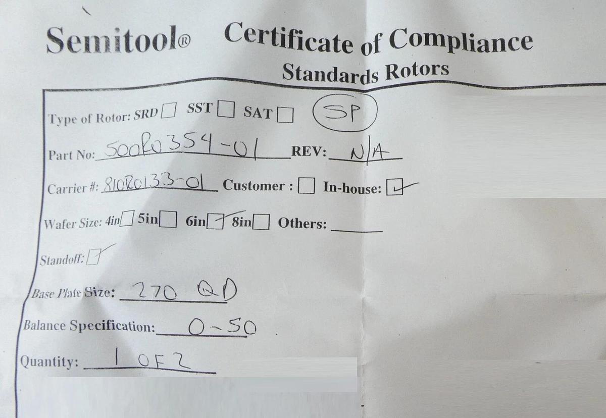 Refurbished Semitool 500R0354-01 SRD Spin Rinse Dryer Rotor 810R0133-01 OEM Refurbished