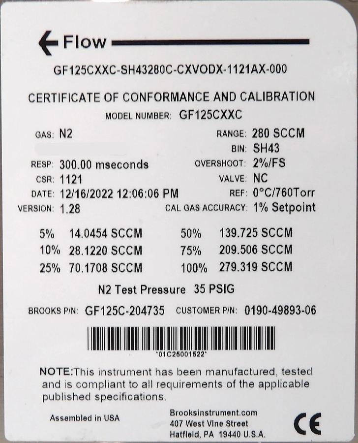 Brooks GF125C-204735 Mass Flow Controller MFC 280 SCCM N2 New Surplus