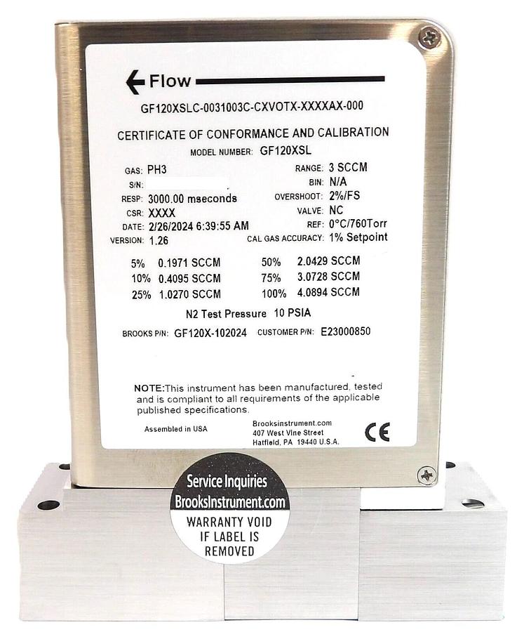 Brooks Instrument GF120X-102024 Mass Flow Controller MFC 3 SCCM PH3 New Spare