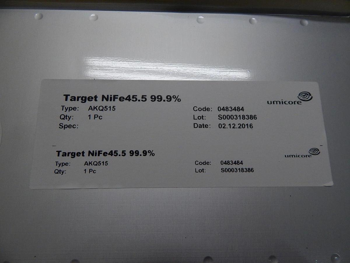 Umicore AKQ515 Planar Magnetron Sputtering Target Kit NiFe45.5 wt% New Surplus