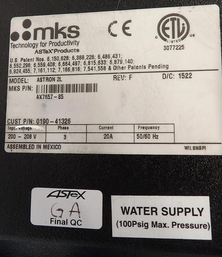 Used ASTRON 2L MKS Instruments AX7657-85 RPS Remote Plasma Source Working Surplus