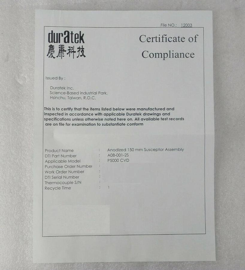 Refurbished Duratek A08-001-2S Anodized 150mm Susceptor AMAT 0010-02863 P5000 Refurbished