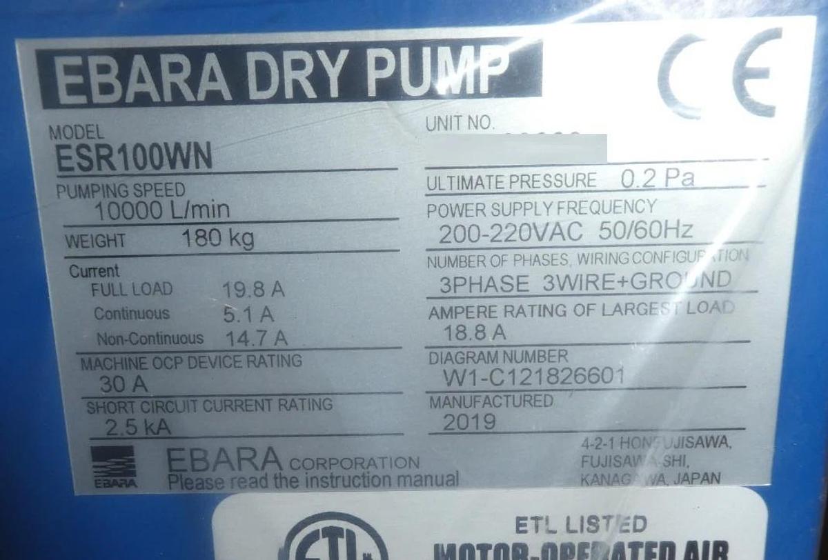Ebara Technologies ESR100WN Dry Vacuum Pump 200-220VAC 500287014 New Surplus