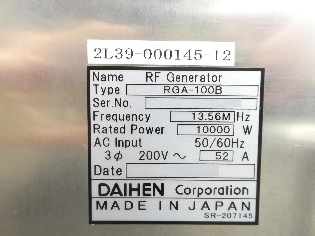 Used Daihen RGA-100B RF Power Generator 10kV TEL 2L39-000145-12 Untested Surplus
