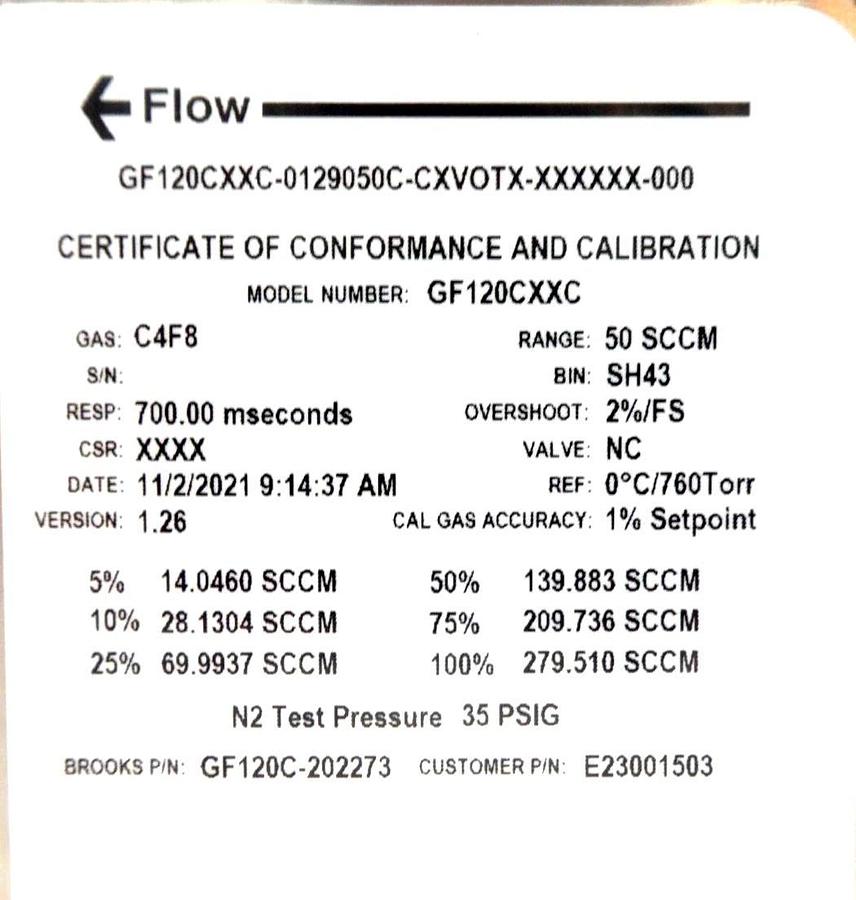 Brooks Instrument GF120C-202273 Mass Flow Controller MFC 50 SCCM C4F8 New