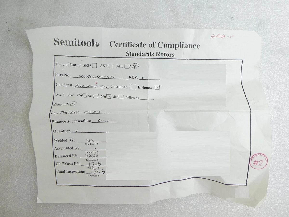 Used Semitool 500R0337-01 SRD Spin Rinse Dryer Rotor A196-60MLB Peek Working