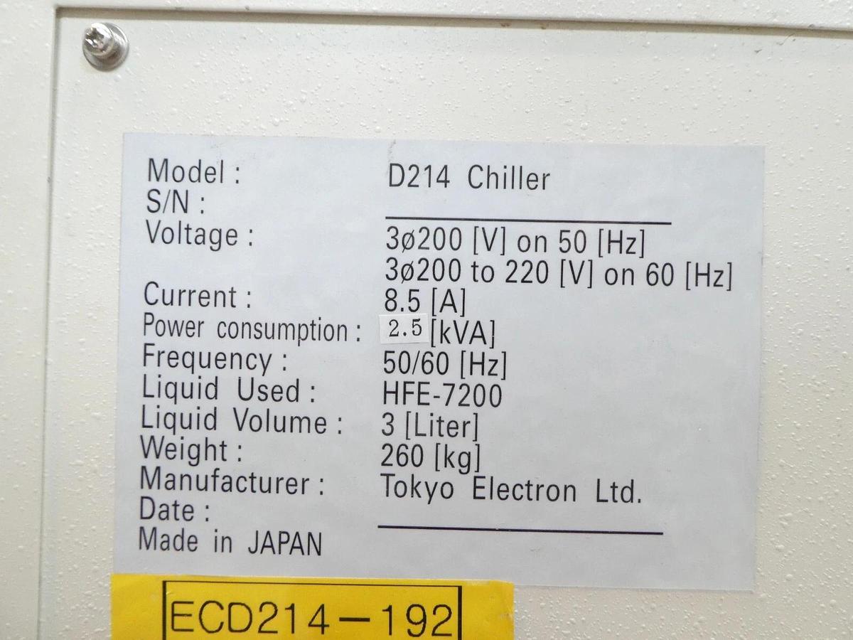 Used TEL Tokyo Electron D214 HFE-7200 3 Liter Industrial Chiller Spare Surplus