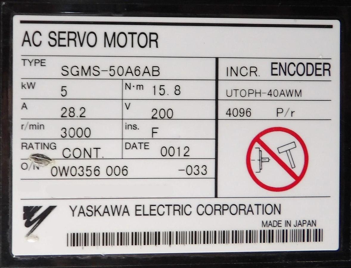 Used Yaskawa Electric SGMS-50A6AB AC Servo Motor SP140P-MX1-10-121-0AM AMAT Working