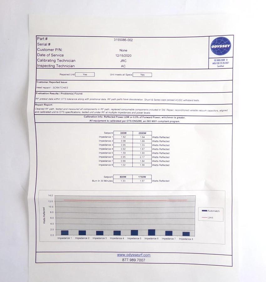 Refurbished AE Advanced Energy 3155086-002 12.56MHz RF Matching Network Dome Refurbished