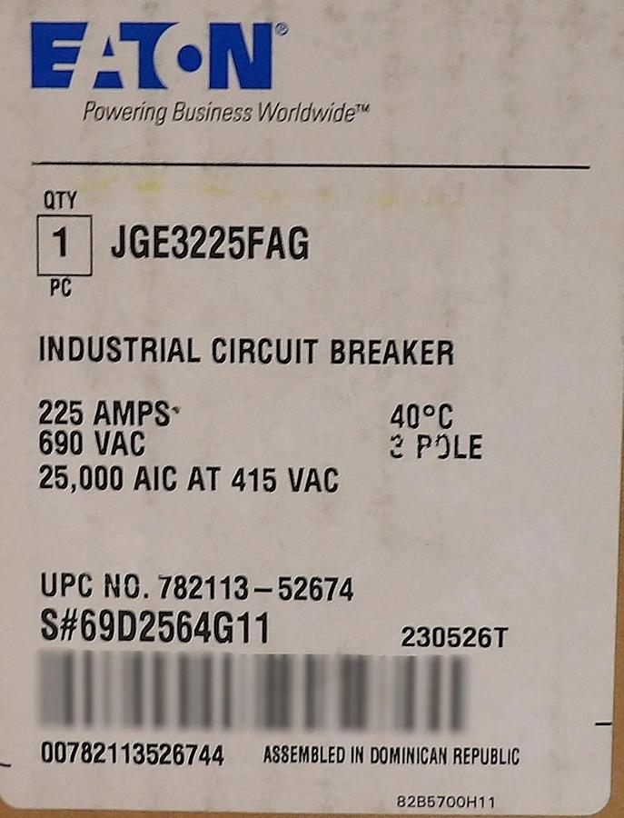 Eaton JGE3225FAG 3-Pole Circuit Breaker J250E JGE3250NN Cutler Hammer New