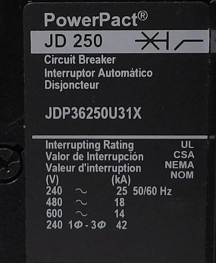 Used Square D JD 250 3-Pole Circuit Breaker JDL36200 JDF36250CU31X Lot of 2 Working