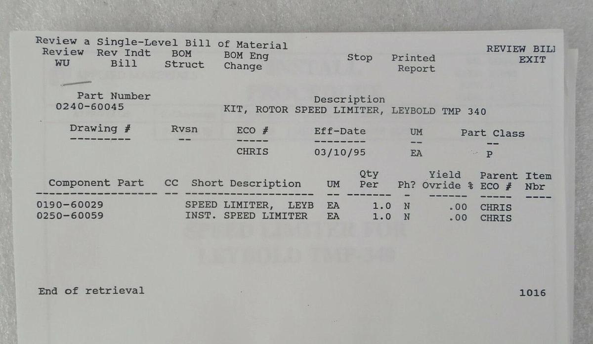 AMAT Applied Materials 0240-60045 Leybold TMP-340 Speed Limiter Kit Lot 10 New
