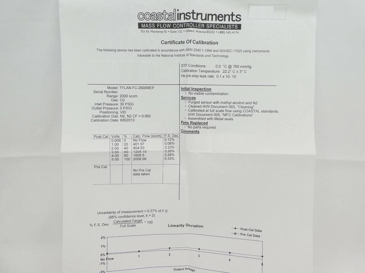 Refurbished Tylan FC-2900MEP Mass Flow Controller MFC 2 SLM O2 2900 Series Refurbished