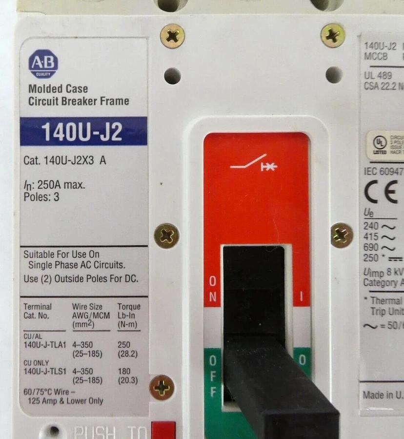Used AB Allen-Bradley 140U-J2X3 A Circuit Breaker 140U-J2 ELJBN3250W Working